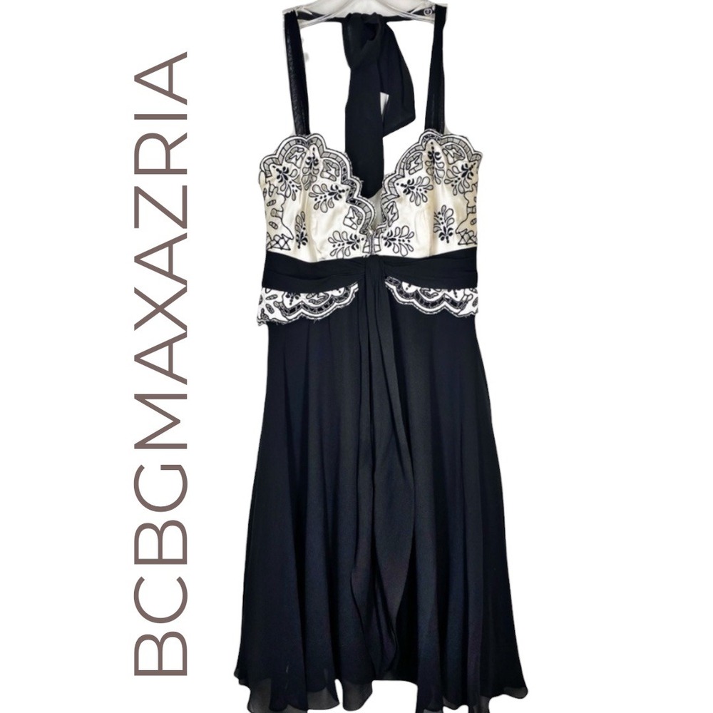 BCBGMAXAZRIA Halter Dress Black Ivory Embroidered‎ Y2K Evening Size 0 - Picture 4 of 13
